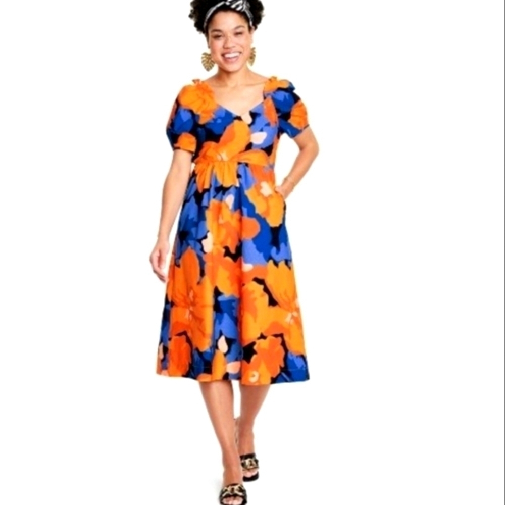 Floral Midi Dress with V-Neck and Puff Sleeves - Orange & Blue